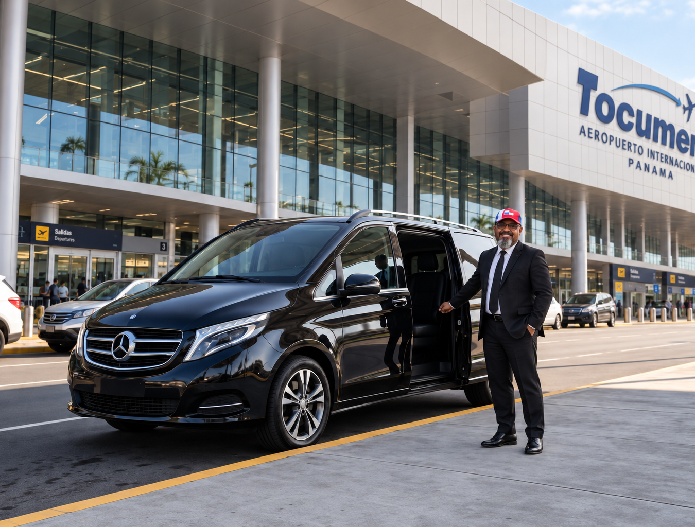 Chauffeur wearing a Panama cap beside a van at Tocumen International Airport