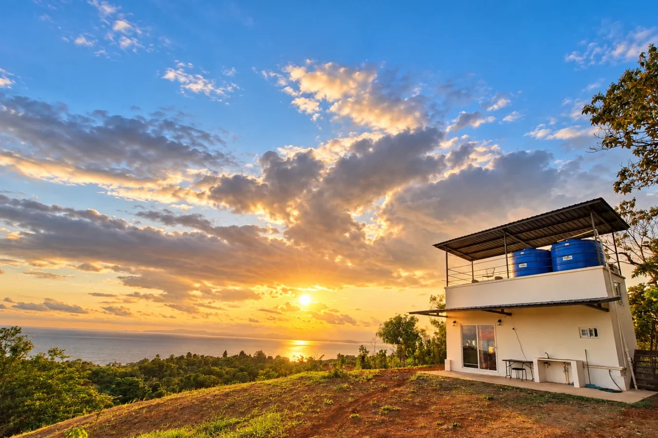 Hilltop Cabin and Pacific Ocean at sunset — enhanced photograph
